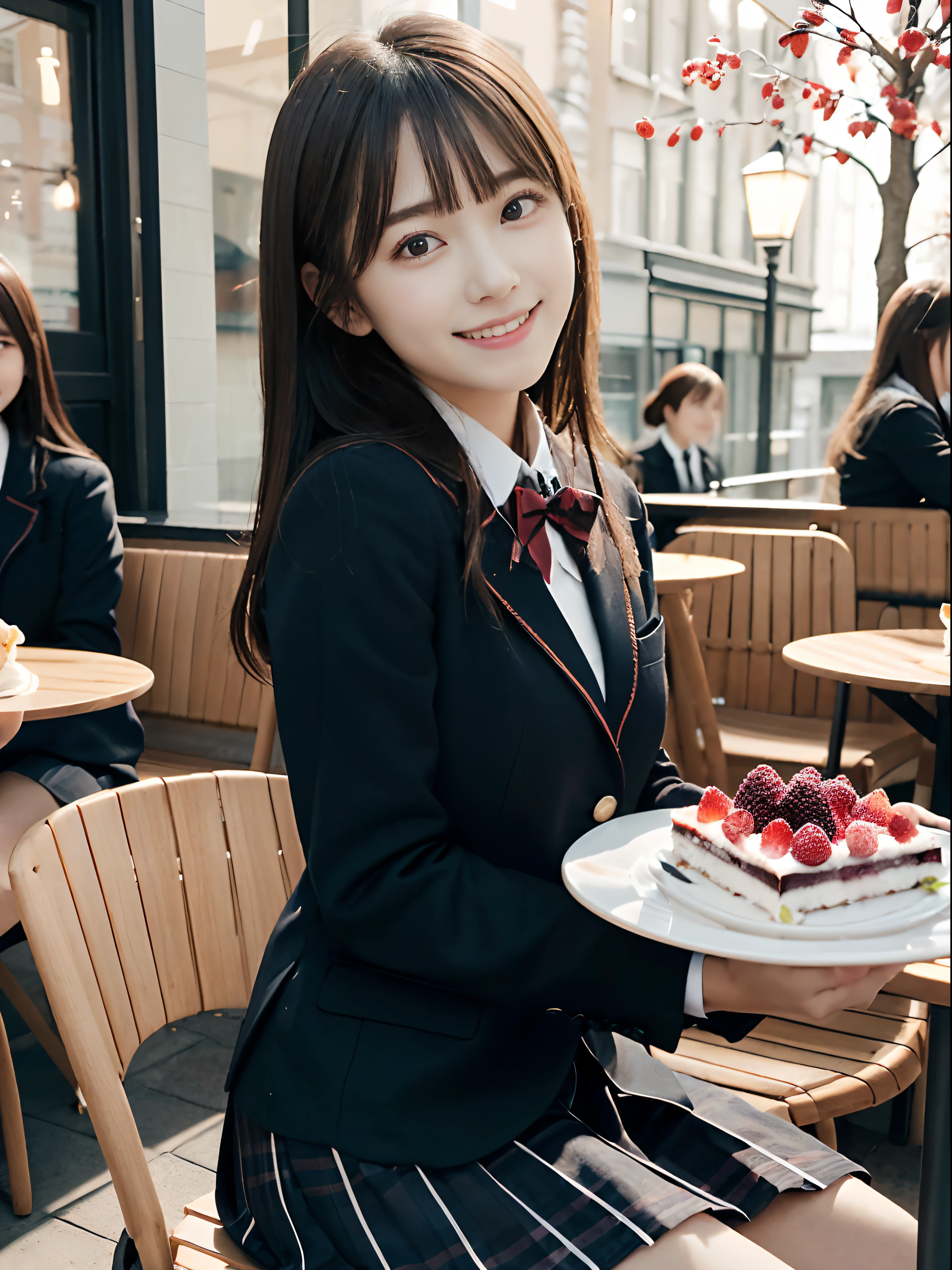 (Close up portrait of two girls with slender small breasts, one girl with long hair with dull bangs in a winter blazer school uniform, one girl with short hair in winter blazer school uniform:1.5)、(Two girls sit on the chair and eat strowberry cake with little smiles on café terrace:1.5)、(Cafe at night :1.3)、(Perfect Anatomy:1.3)、(complete hands:1.3)、(complete fingers:1.3)、Photorealsitic、Raw photography、masutepiece、top-quality、hight resolution、delicate and pretty、face perfect、Beautiful detailed eyes、Fair skin、Real Human Skin、pores、((thin legs))、(Dark hair)
