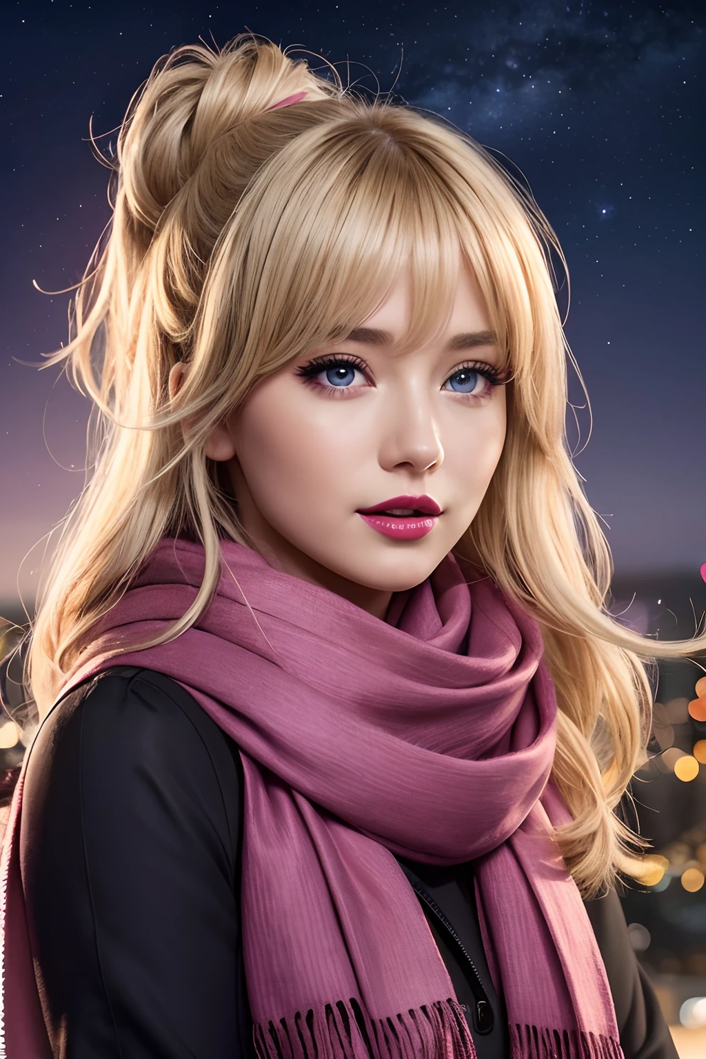 1girl, ahoge, Bangs, blonde hair, blowing a kiss, blue eyes, Blue scarf, brown scarf, cleavage, closed mouth, Lashes, s face, Floating hair, Hair between the eyes, Heart, lips, lipstick, Long hair, looking a viewer, makeup, night  sky, nose, one eye covered, Orange scarf, pink lips, pink scarf, Portrait, violet eyes, Realistic, red-lips, red scarf, a scarf, signature, Smile, 独奏, Space, spoken heart, Star (skye), Starry sky, upper-body, watermark, Yang Xiao Long, yellow scarf,Makeup artists do makeup for celebrities，(Masterpiece:1.2), Best Quality, Masterpiece, hight resolution, Original, extremely detailed wallpaper, perfect  lighting,(extremely detailed CGI:1.2)