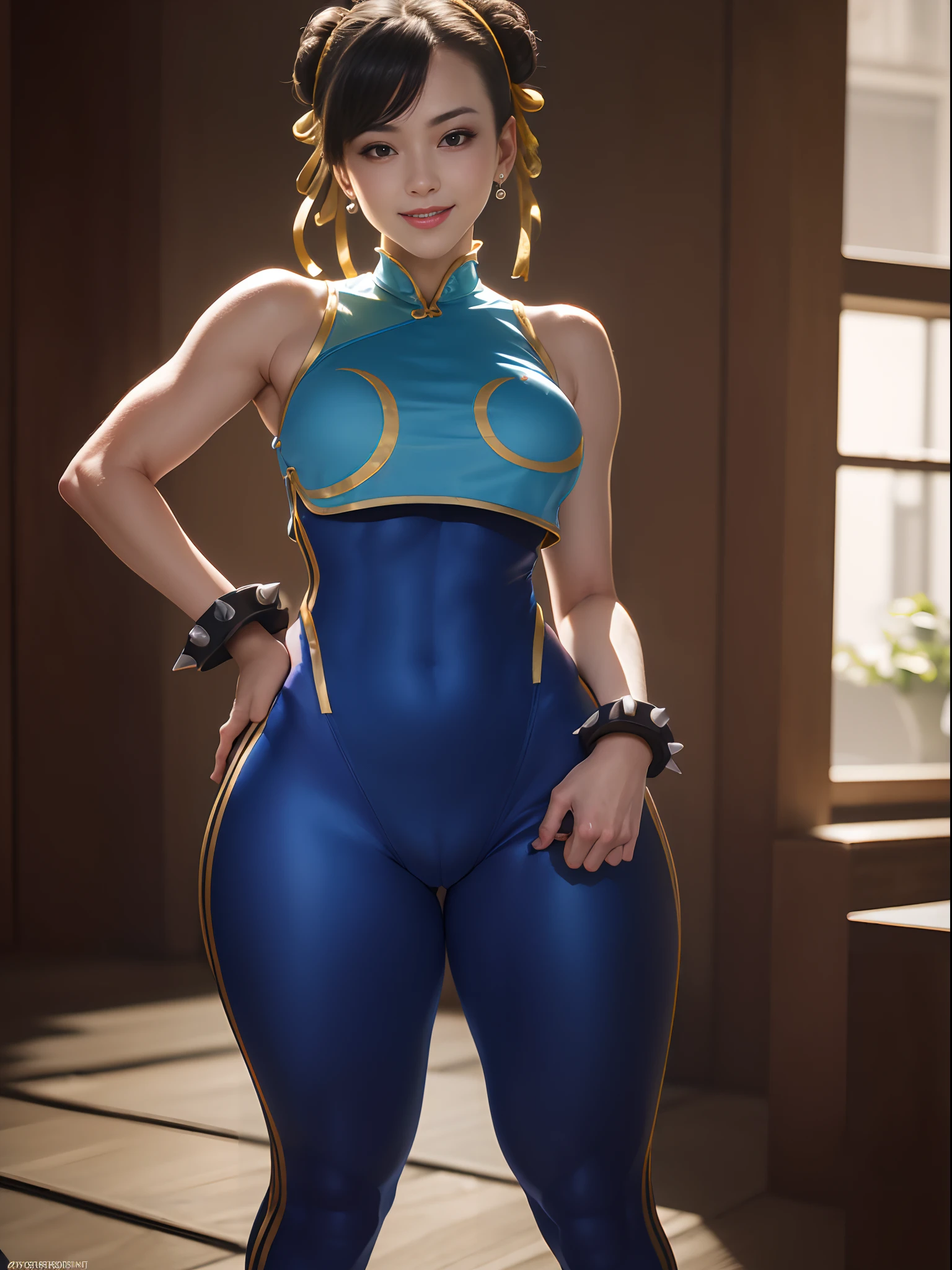 (masterpiece, best quality:1.4), (standing:1.5), 1girl, solo, sfa chun, blue vest, unitard, blue pants, skintight, yellow ribbon, short hair, sneakers, bare shoulders, (european youth  woman:1), looking at viewer, beautifull smile, beautiful face, highly detailed face, highly detailed eyes, subsurface scattering, realistic pupils, full face blush, full lips, detailed background, depth of field, volumetric lighting, sharp focus, absurdres, realistic proportions, (realistic, hyperrealistic:1.4), 16k hdr