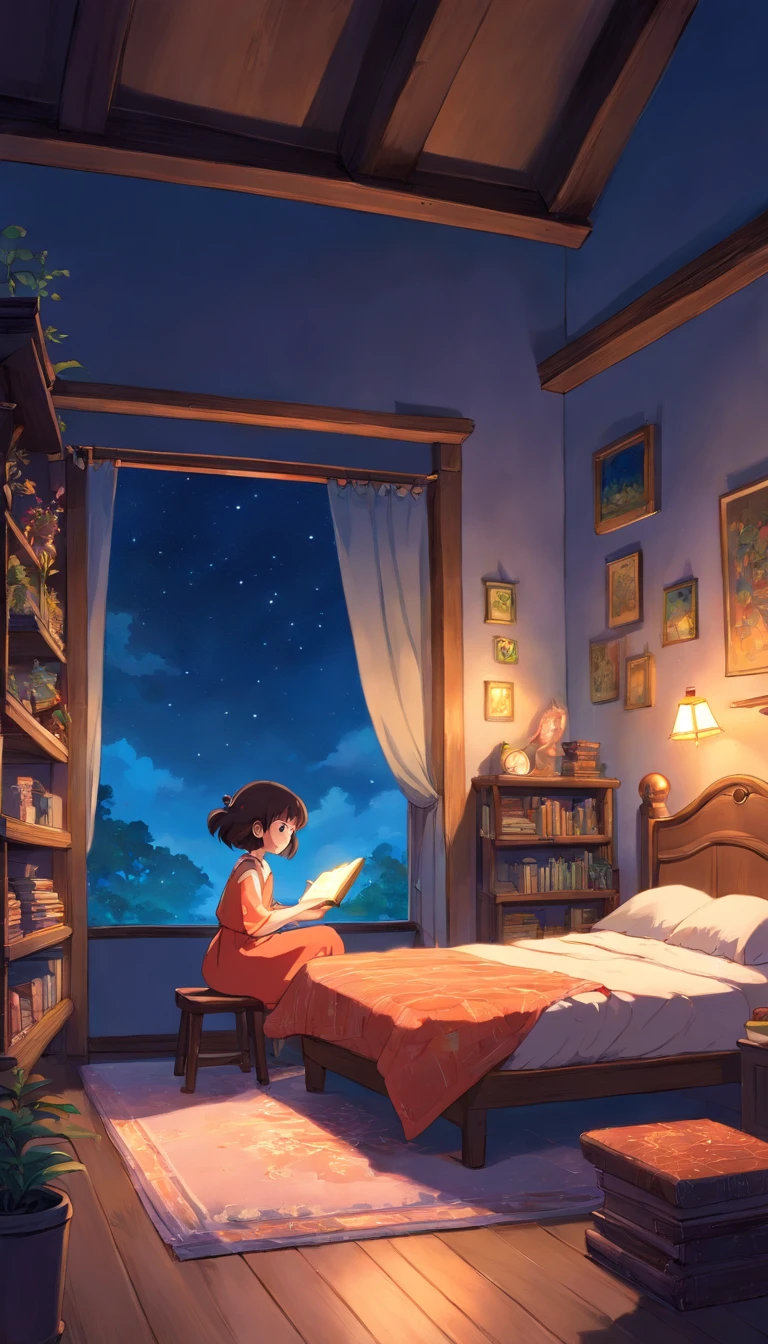 Enchanting illustration of a bedroom in midnight, where a girl and a whimsical tiny fairy are in quiet contemplation. The girl sits on her bed, while the fairy hovers nearby, sprinkling shimmering pixie dust. There is a kalimba instrument that rests peacefully on a wooden shelf, untouched for now.