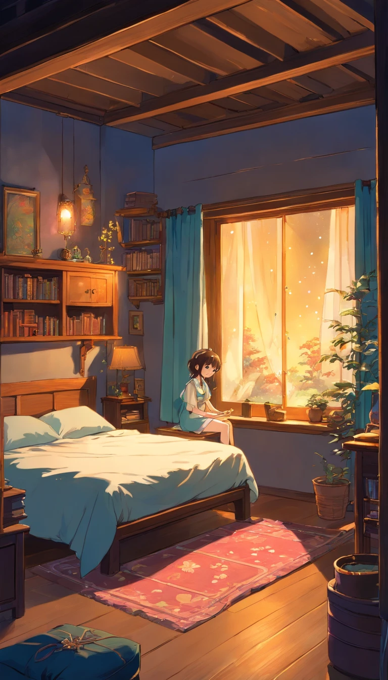 Enchanting illustration of a bedroom in midnight, where a girl and a whimsical tiny fairy are in quiet contemplation. The girl sits on her bed, while the fairy hovers nearby, sprinkling shimmering pixie dust. There is a kalimba instrument that rests peacefully on a wooden shelf, untouched for now.