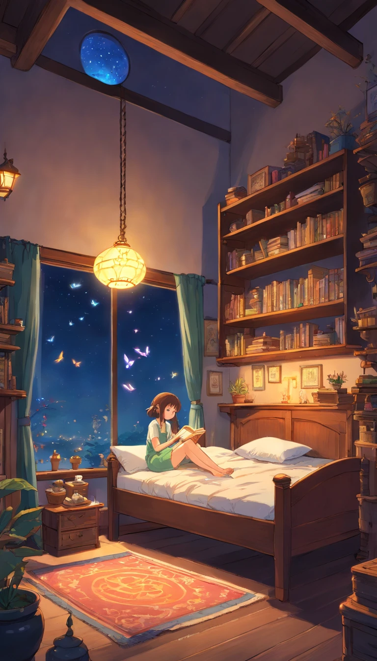 Enchanting illustration of a bedroom in midnight, where a girl and a whimsical fairy are in quiet contemplation. The girl sits on her bed, while the fairy hovers nearby, sprinkling shimmering pixie dust. There is a kalimba instrument that rests peacefully on a wooden shelf, untouched for now.
