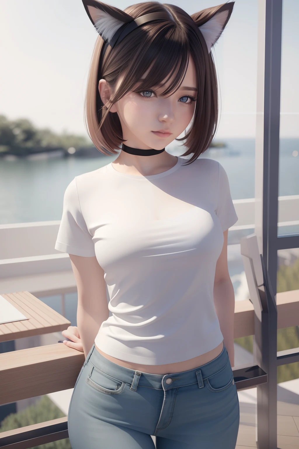 girl with cat ears and a white shirt posing for a picture, smooth girl cg art, realistic 3 d style, photorealistic girl render, girl moe artstyle, realistic art style, 8k, girl styled 3d, artwork in the style of guweiz, seductive girl, 3 d anime realistic