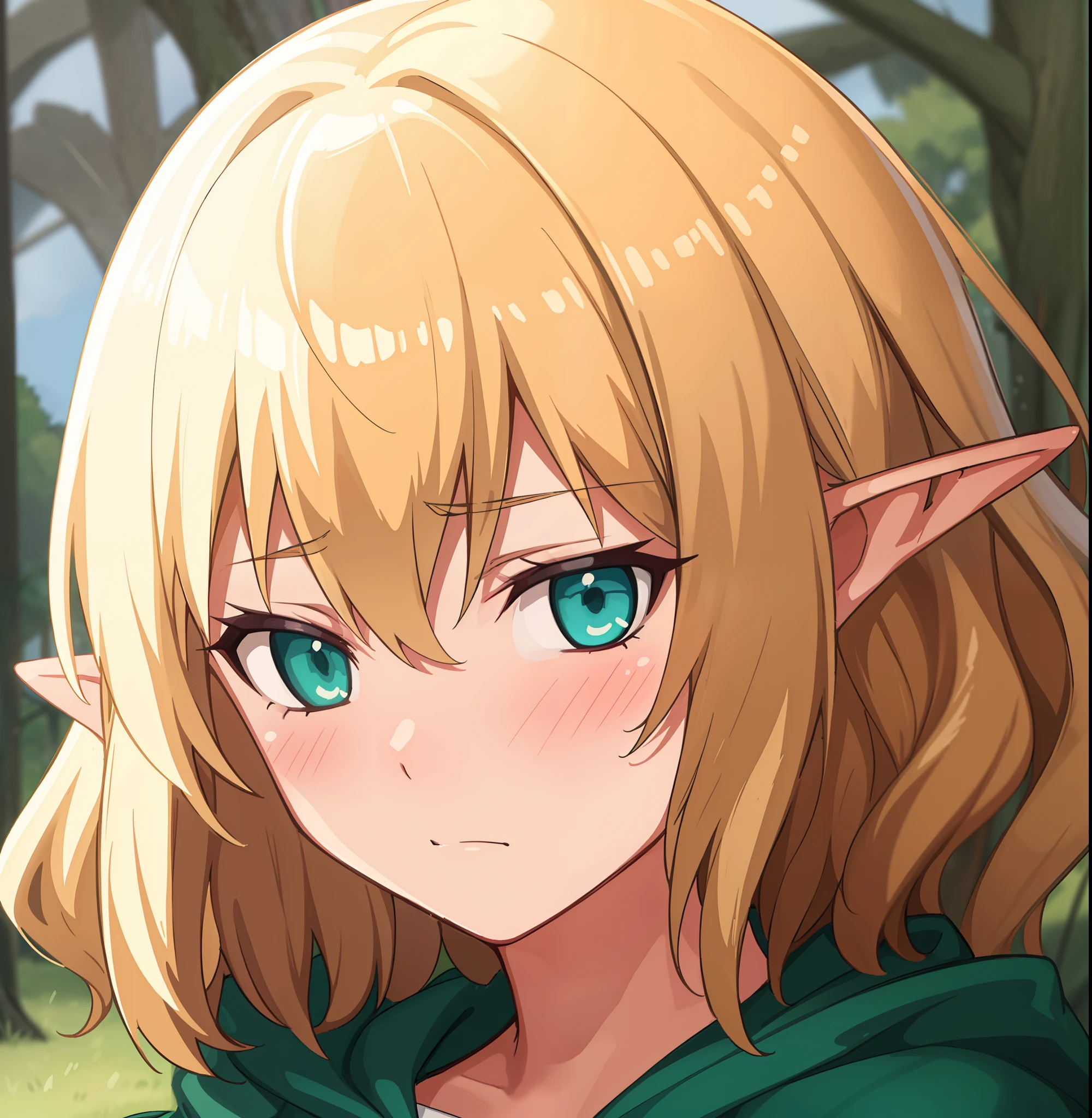 hiquality, tmasterpiece (One elven girl) Sullen face. Short Hair Hair. blonde woman. Cyan eyes. green raincoat. long ears. in front of a forest background