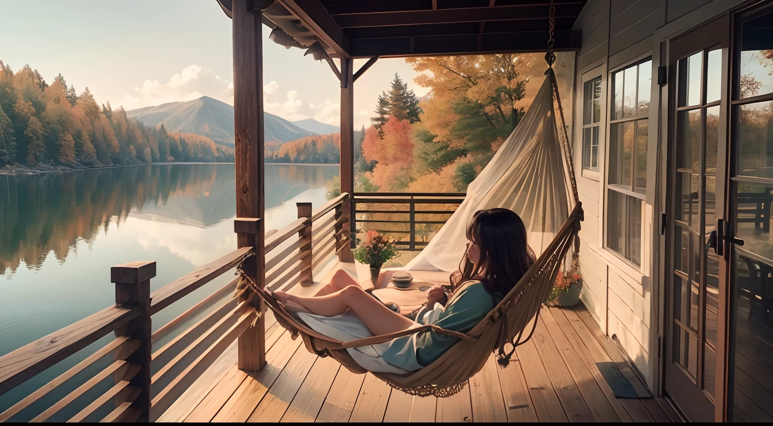 arafed hanging chair on a porch overlooking a lake, cozy place, cozy setting, chill time. good view, cottagecore hippie, afternoon hangout, cottagecore, autumn tranquility, relaxing environment, warm cosy colors, setting in nature, autumn season, vibrant setting, relaxing atmosphere, cottagecore!!, hanging, cozy and peaceful atmosphere