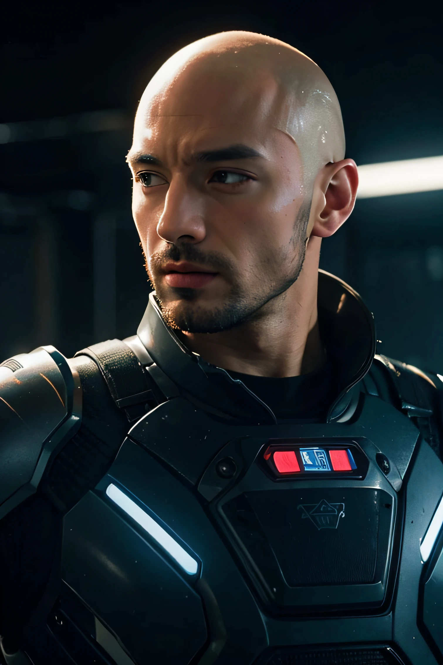 male bald, portret, future,space armour, high quality, neon city