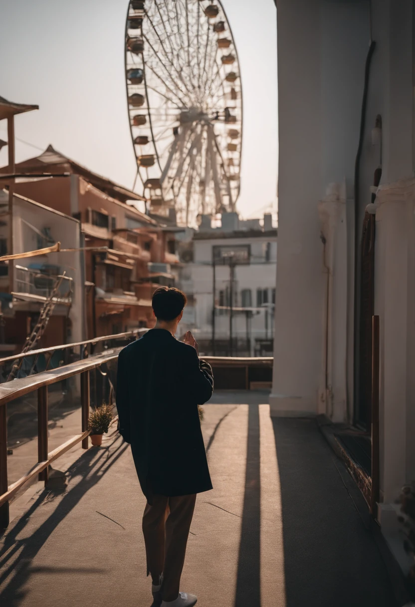 The Arafed man stands on the windowsill，The background is the Ferris wheel, hyung tae, Shin Jinying, Album art, Cai Xukun, profile picture 1024px, Kim Do-young, hong june hyung, yanjun cheng, bladee from drain gang, Male ulzzang, xintong chen, taken with canon eos 5 d mark iv