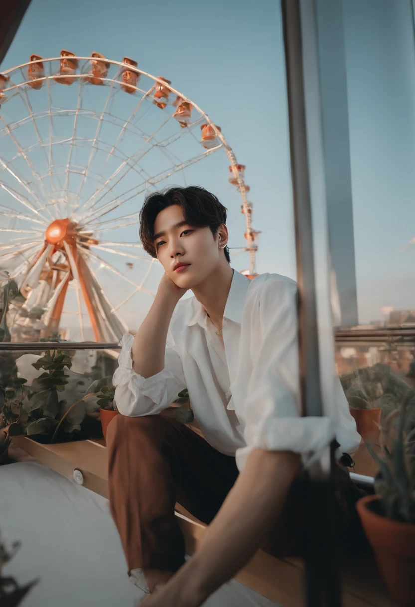 The Arafed man stands on the windowsill,The background is the Ferris wheel, hyung tae, Shin Jinying, Album art, Cai Xukun, profile picture 1024px, Kim Do-young, hong june hyung, yanjun cheng, bladee from drain gang, Male ulzzang, xintong chen, taken with canon eos 5 d mark iv