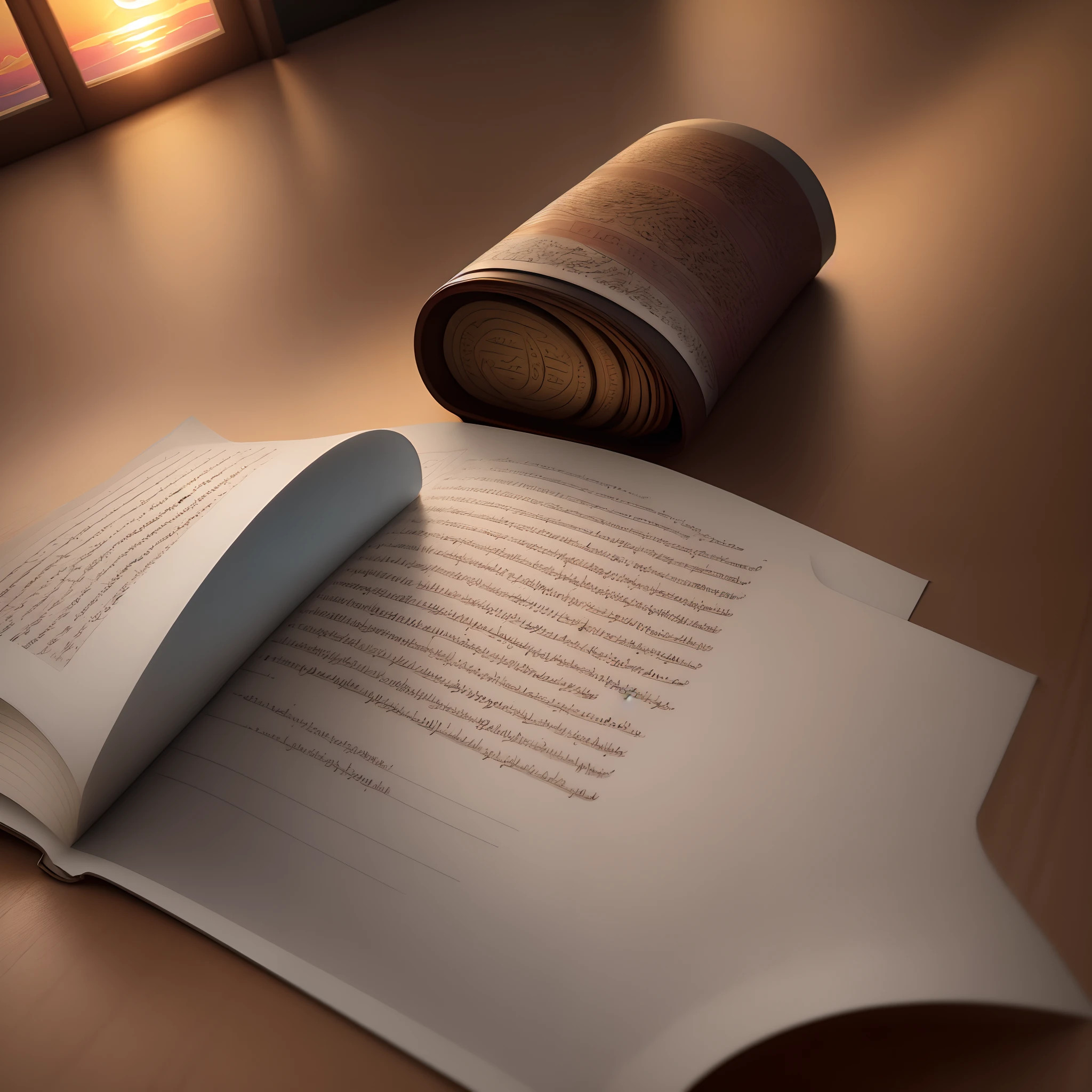 closeup on alquran letter and there is sunset, portraid high quality 4k 3d render