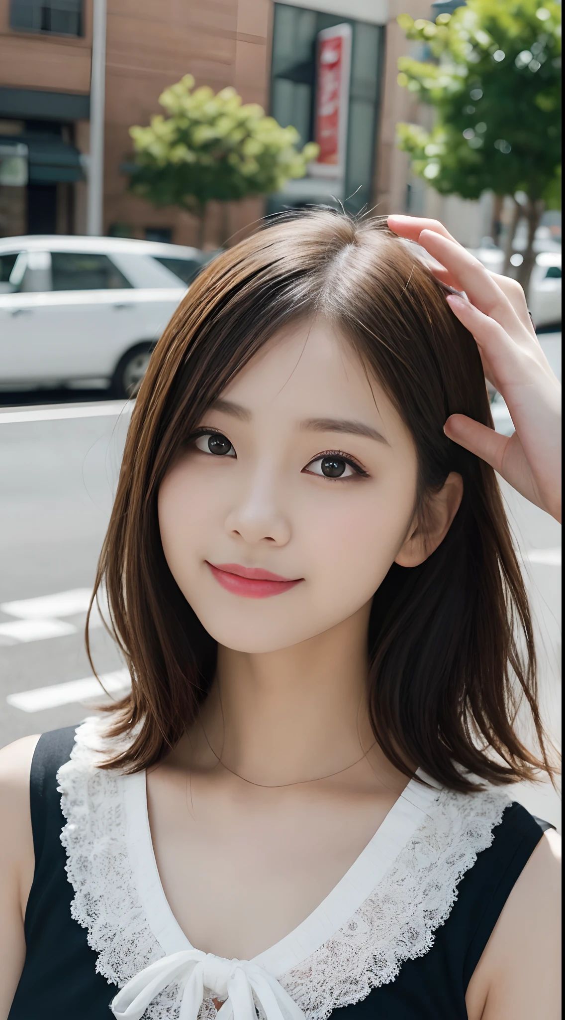 masutepiece, Best Quality, Illustration, Ultra-detailed, finely detail, hight resolution, 8K Wallpaper, Perfect dynamic composition, Beautiful detailed eyes, Women's Fashion Summer,Medium Hair,Small breasts natural color lip, Bold sexy poses,Smile,Harajuku、20 years girl、Cute、Sexy shot looking at camera、Depth of subject、Film grain、Ilford HP5、Clean clothing、