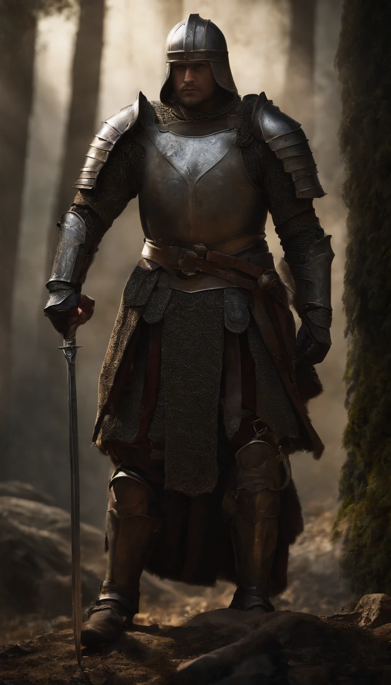 arafed knight in armor with a sword and shield in a dark room, concept art by Roman Bezpalkiv, featured on polycount, renaissance, knight in armor, light coming off of the armor, full portrait of magical knight, armored knight, knight wearing plate armor, fantasy warrior in full armor, fantasy knight, armored warrior, portrait of knight