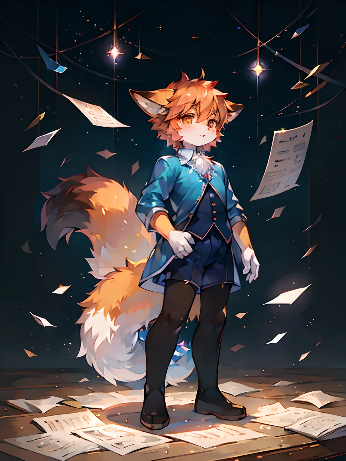 a fox，sky blue shirt，Fluffy tail，adolable，Shota，music sheets，are standing，There is light in the eyes，Scattered paper，Scattered paper floated in the air，Crystal pupils，shinning eyes，starlights，As estrelas，glitters，Orange pupils