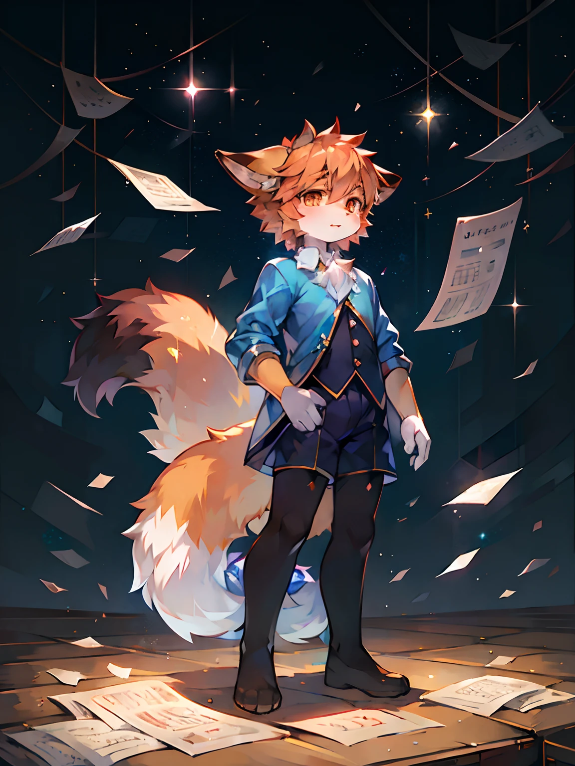 a fox,sky blue shirt,Fluffy tail,adolable,Shota,music sheets,are standing,There is light in the eyes,Scattered paper,Scattered paper floated in the air,Crystal pupils,shinning eyes,starlights,As estrelas,glitters,Orange pupils