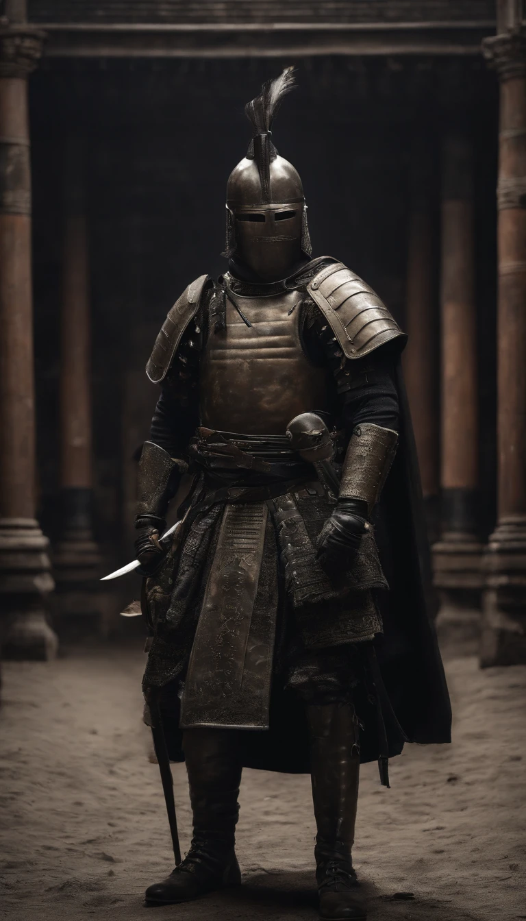 (Best quality, 4K, high resolution, Masterpiece:1.2), Ultra-detailed, Photorealistic, japanese samurai armor, Black mask, Black gloves, Black armored boots, Warfield, holding samurai sword, Dark atmosphere, Dominant