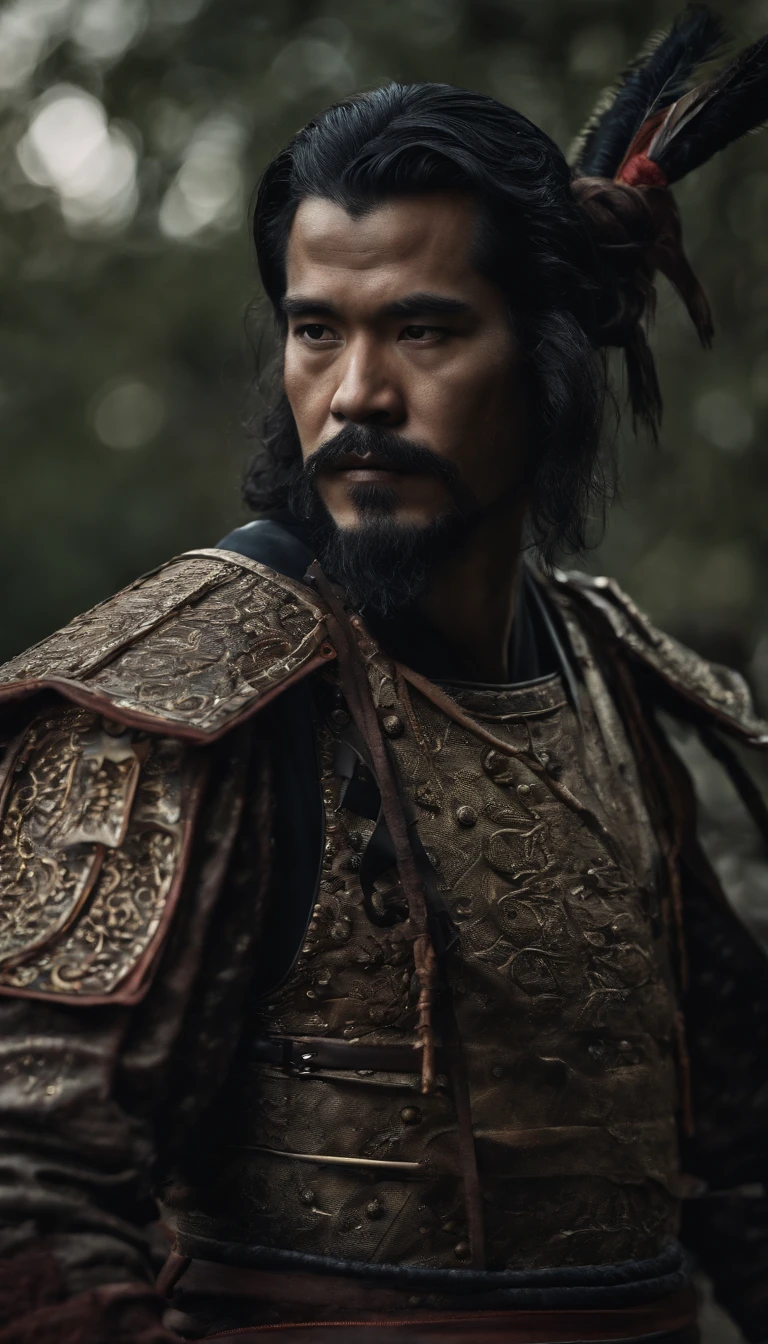 (Best quality, 4K, high resolution, Masterpiece:1.2), Ultra-detailed, Photorealistic, japanese samurai armor, Black mask, Black gloves, Black armored boots, Warfield, holding samurai sword, Dark atmosphere, Dominant