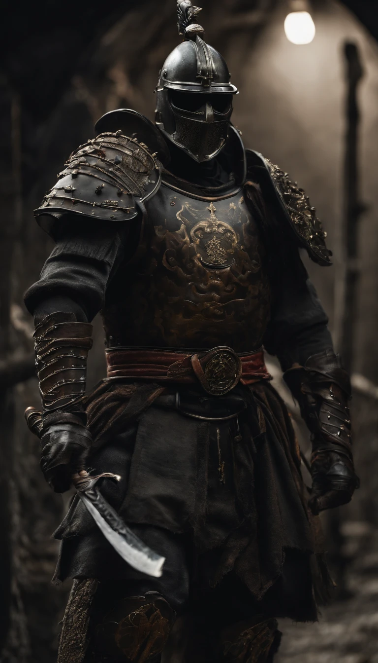 (Best quality, 4K, high resolution, Masterpiece:1.2), Ultra-detailed, Photorealistic, japanese samurai armor, Black mask, Black gloves, Black armored boots, Warfield, holding samurai sword, Dark atmosphere, Dominant