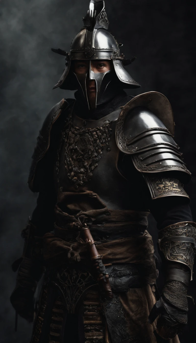 (Best quality, 4K, high resolution, Masterpiece:1.2), Ultra-detailed, Photorealistic, japanese samurai armor, Black mask, Black gloves, Black armored boots, Warfield, holding samurai sword, Dark atmosphere, Dominant