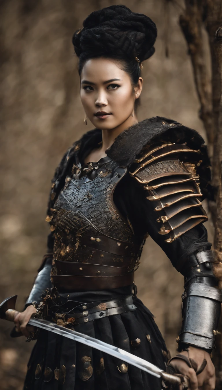 (Best quality, 4K, high resolution, Masterpiece:1.2), Ultra-detailed, Photorealistic, japanese samurai armor, Black mask, Black gloves, Black armored boots, Warfield, holding samurai sword, Dark atmosphere, Dominant
