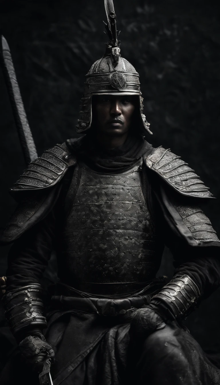 (Best quality, 4K, high resolution, Masterpiece:1.2), Ultra-detailed, Photorealistic, japanese samurai armor, Black mask, Black gloves, Black armored boots, Warfield, holding samurai sword, Dark atmosphere, Dominant