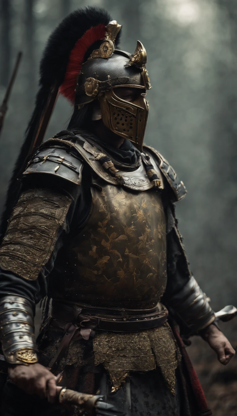 (Best quality, 4K, high resolution, Masterpiece:1.2), Ultra-detailed, Photorealistic, japanese samurai armor, Black mask, Black gloves, Black armored boots, Warfield, holding samurai sword, Dark atmosphere, Dominant