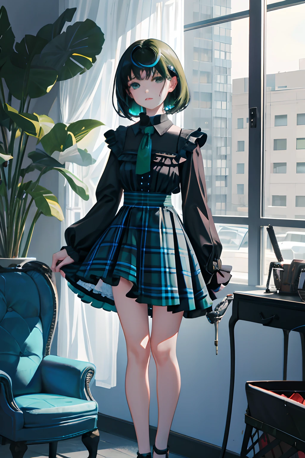 Standing,Knees,Curtsey,lift up one's skirt,(child:1.4),(masterpiece,Highest Quality),(Blue-green goth spank,Burberry Plaid),Sleepy face,A dark-haired,swimming pools