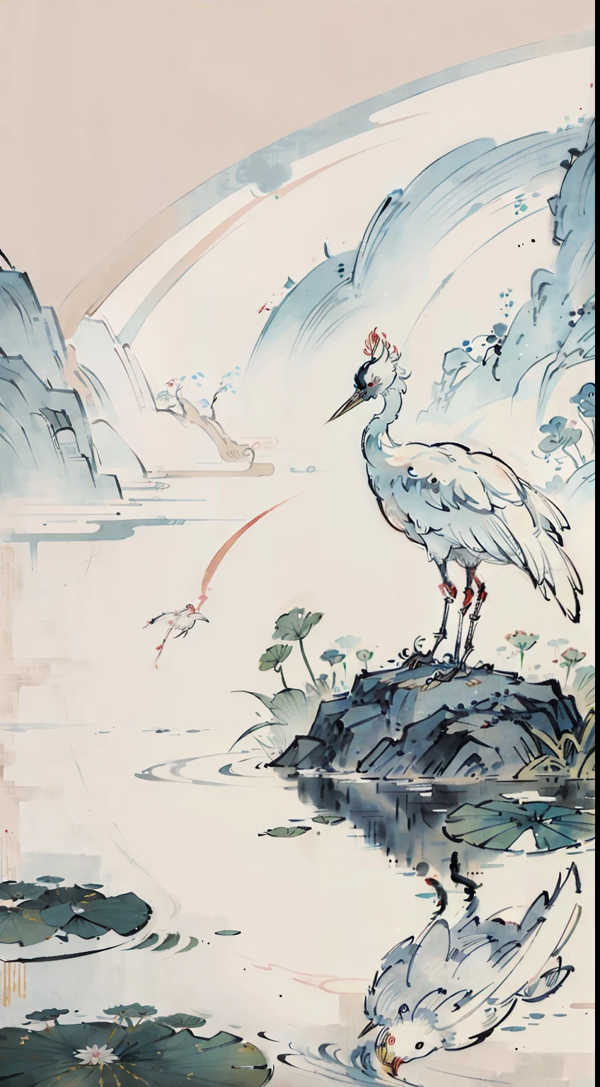 White crane painting in lotus pond, Chinese brush illustration, Chinese painting style, Chinese traditional painting, Chinese traditional ink painting, Chinese style painting, Chinese watercolor style, Chinese ink painting, beautiful artwork illustration, inspired by Xiao Yuncong, Chinese traditional art, Chinese painting, Zhongyuan Festival, inspired by Wang Yuanqi