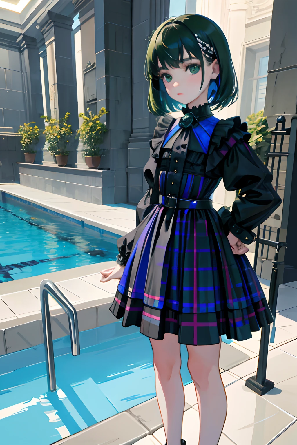 Standing，Knees，Curtsey，lift up one's skirt，(child:1.4)，（​masterpiece，Highest Quality），(Blue-green goth spank，Burberry Plaid)，Sleepy face，A dark-haired，swimming pools