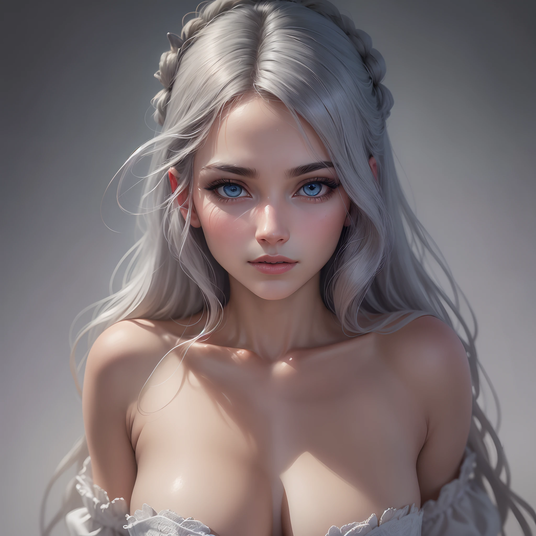 ...RAW, style analogique, A stunning portrait of a young, belle femme aux traits frappants. She should have long, Very clear and detailed blue eyes, Elegant and straight posture towards the camera, Regard narquois, Flowing silver hair, Un regard captivant, and an alluring expression. The background should be neutral and simple, allowing the woman to be the image's focal point. Please pay close attention to the details, comme les reflets et les ombres sur son visage et ses cheveux, to create a lifelike and realistic image. Experiment with different lighting techniques to enhance the mood and atmosphere of the portrait. The final product should be a masterpiece that captures the essence and beauty of the woman, ((Highly detailed skin, skin details)), mise au point nette, volumetric fog, 8K UHD, DSLR, High quality, grain du film, Fujifilm XT3, corps entier.