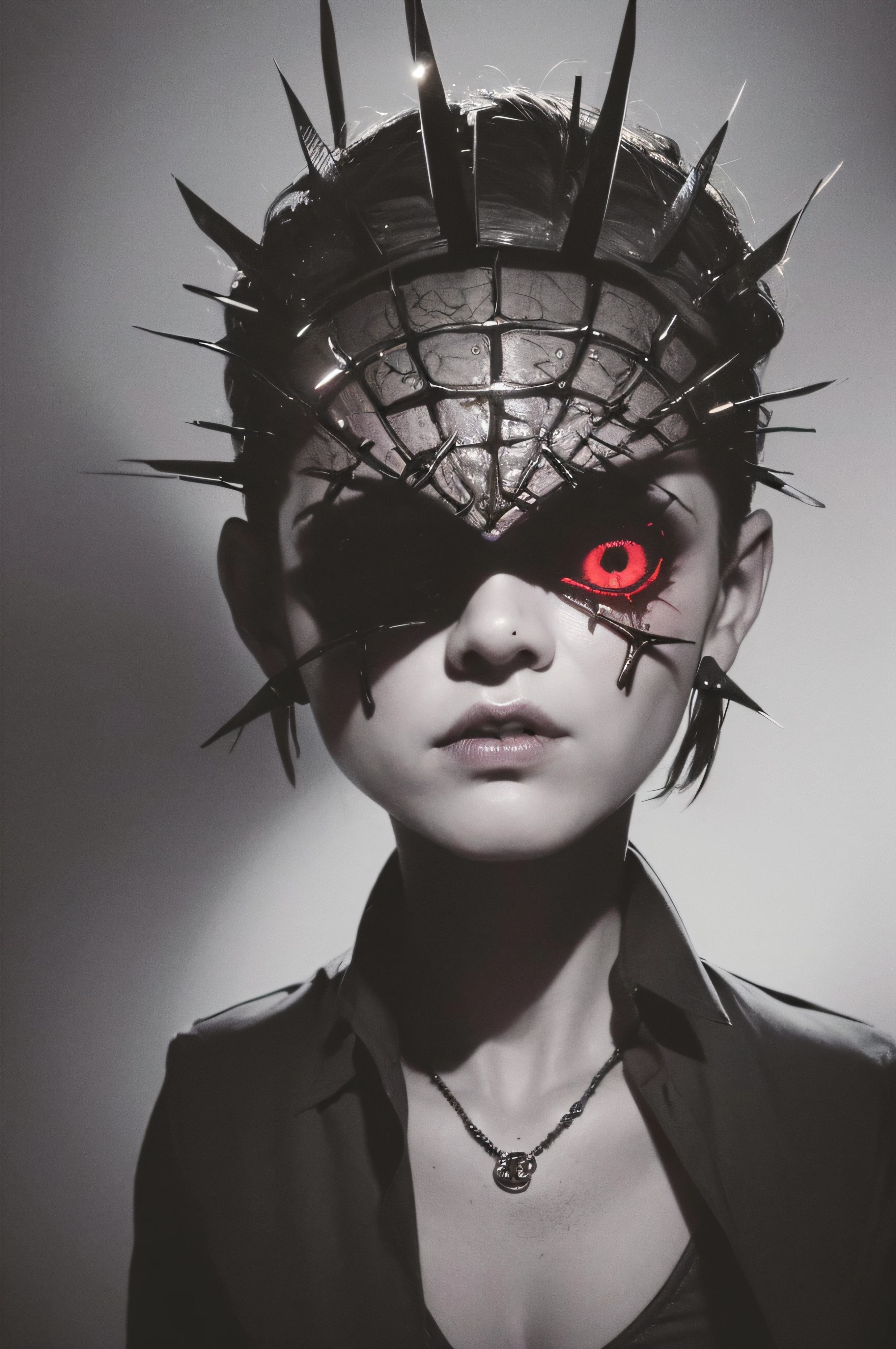 "(The best lighting, oscuro, dramatic),(feto calavera alien, Hellraiser, Cicatrices, , sexy, cerebro, sangre, una rata dentro de la cabeza, terror.),(ojos rojos, calaveras). morning light.