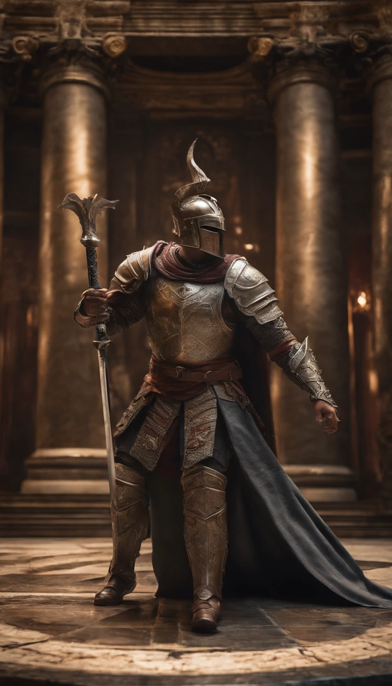 (Best quality,4K,8K,A high resolution,Masterpiece:1.2),Ultra-detailed,(Realistic,Photorealistic,photo-realistic:1.37),A sword-wielding demon armor warrior stood in the hall, Full body portrait of the mysterious knight, Wearing heavy armor，A sacred warrior wielding a legendary sword, Mythical warriors in full-body armor, A golden knight with divine armor, The helmet is decorated with the devil's horns, The eyes glow blood-red, Concept art for glorious figures, Crimson Armor Knight, Epic Paladin armor, Holy medieval knight, Kneel on one knee, Blades embedded in the earth, submission, Full body shot.