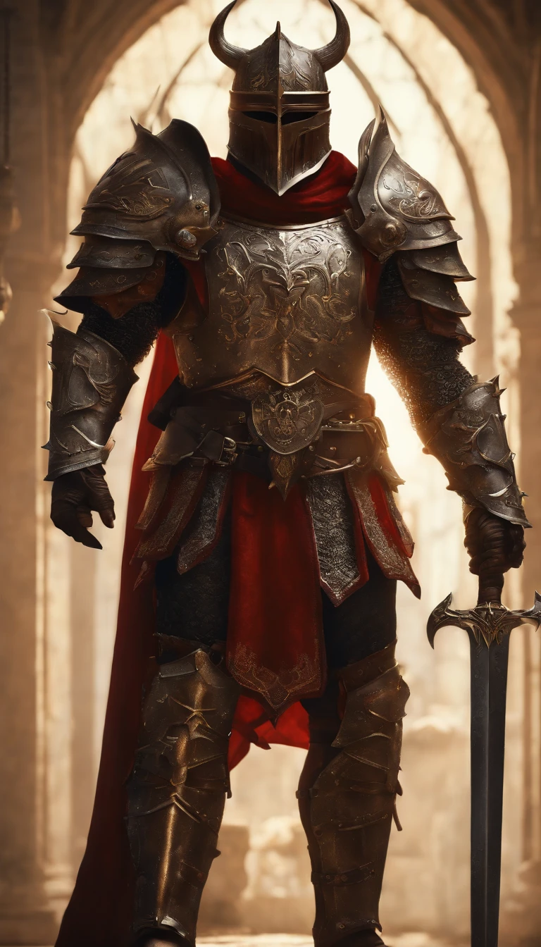 (Best quality,4K,8K,A high resolution,Masterpiece:1.2),Ultra-detailed,(Realistic,Photorealistic,photo-realistic:1.37),A sword-wielding demon armor warrior stood in the hall, Full body portrait of the mysterious knight, Wearing heavy armor,A sacred warrior wielding a legendary sword, Mythical warriors in full-body armor, A golden knight with divine armor, The helmet is decorated with the devil's horns, The eyes glow blood-red, Concept art for glorious figures, Crimson Armor Knight, Epic Paladin armor, Holy medieval knight, Kneel on one knee, Blades embedded in the earth, submission, Full body shot.