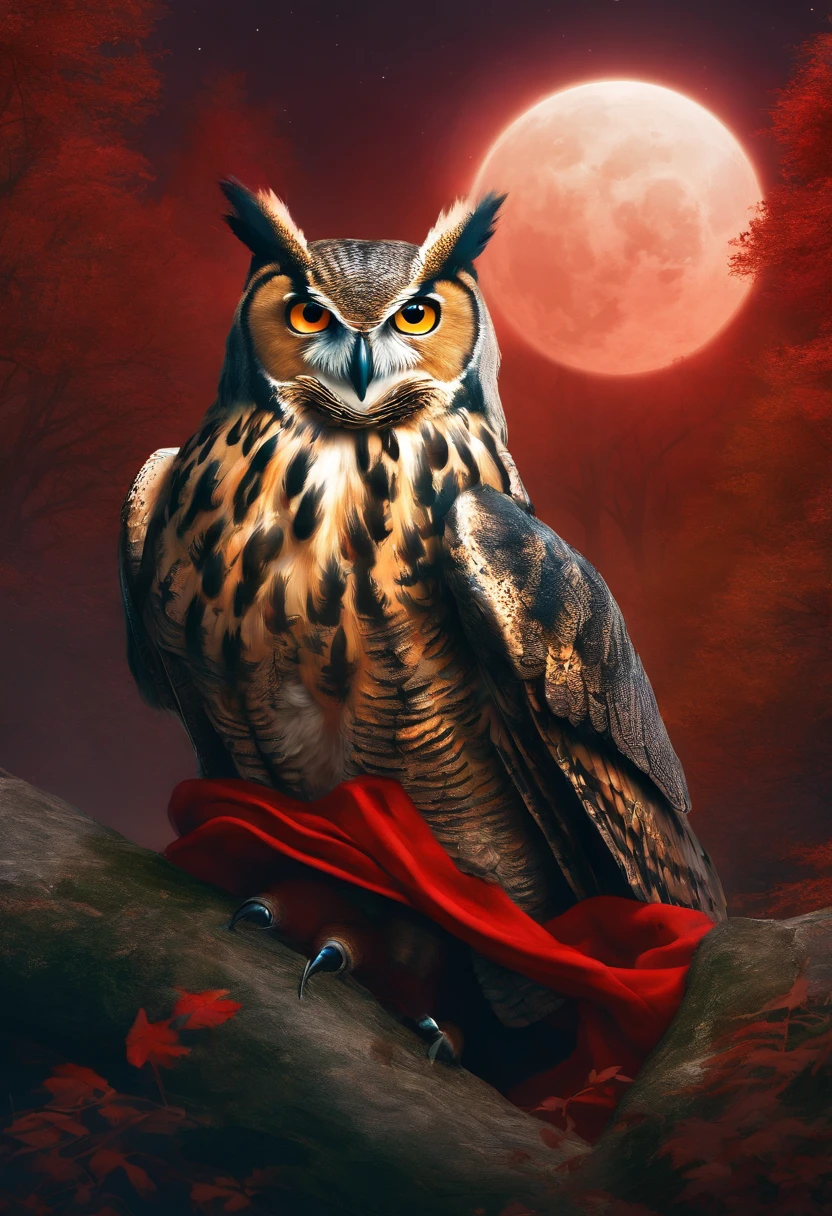 Anthropomorphic great horned owl wearing black leather armor a dark green cloak and a red scarf. Dark forest at night in front of a huge moon