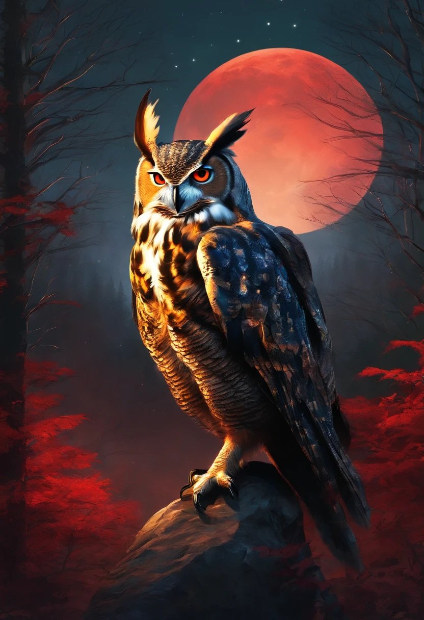 Anthropomorphic great horned owl wearing black leather armor a dark green cloak and a red scarf. Dark forest at night in front of a huge moon