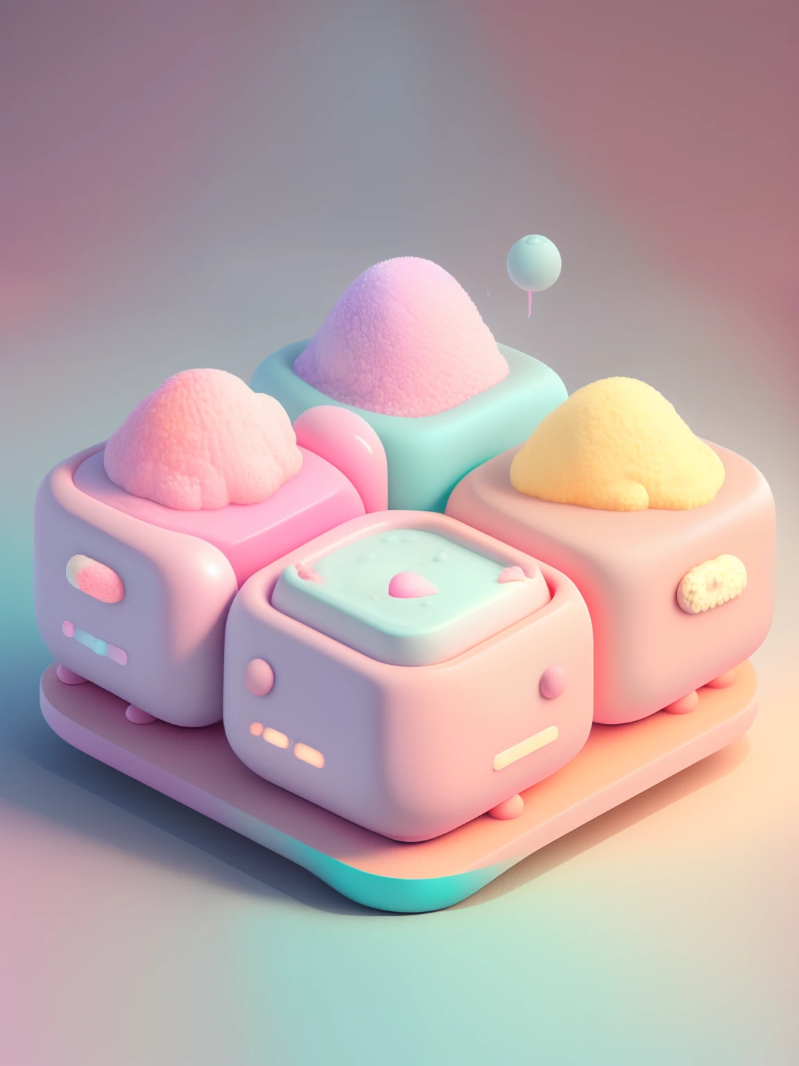 microworld, isometric view of cute kawaii keyboard, (pink, white, yellow, purple), cozy and pastel, lighting particle, dynamic light effect, futuristic, incredibly detailed, super resolution