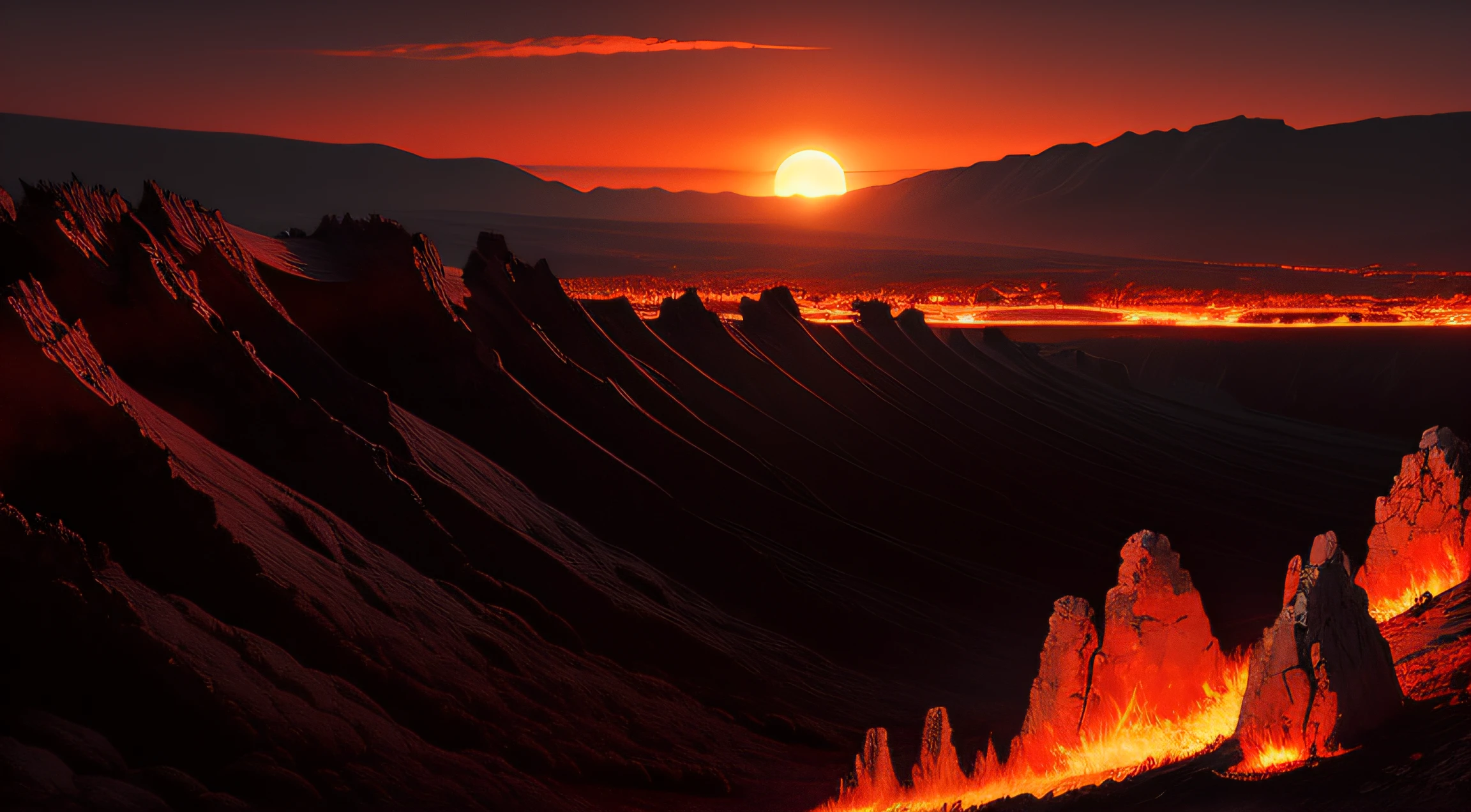 Bloody Hills, covered in bones and cracked skulls. Steep cliffs can be seen in the distance, covered with lava,
which create a beautiful contrast with the bright crimson sun