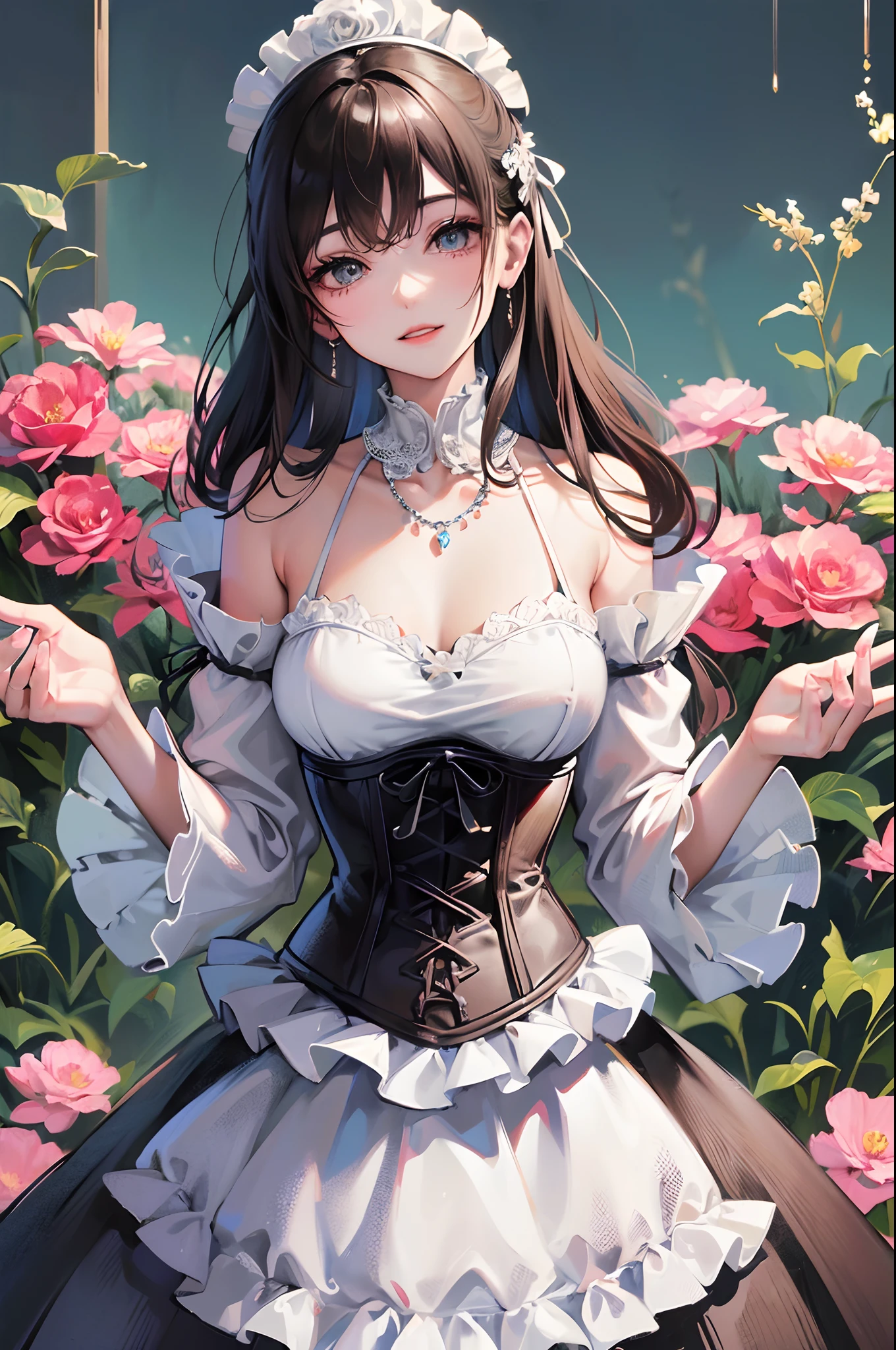 Large wavy curls, flowers in head, Cat ears, Bright pupils, Blush, (Monet:1), anaglyph, Fuji colors, outside border, Dutch angle, hyper HD, Masterpiece, ccurate, Textured skin, 4K, Best quality, A high resolution, High quality, hyper HD, Masterpiece, Textured skin, A high resolution, Best quality, High quality, 4K,exquisite facial features,