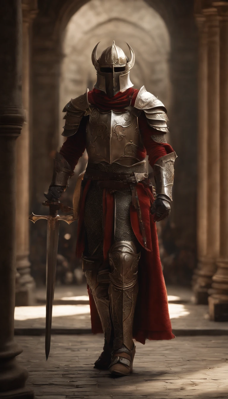 (Best quality,4K,8K,A high resolution,Masterpiece:1.2),Ultra-detailed,(Realistic,Photorealistic,photo-realistic:1.37),A sword-wielding demon armor warrior stood in the hall, Full body portrait of the mysterious knight, Wearing heavy armor,A sacred warrior wielding a legendary sword, Mythical warriors in full-body armor, A golden knight with divine armor, The helmet is decorated with the devil's horns, The eyes glow blood-red, Concept art for glorious figures, Crimson Armor Knight, Epic Paladin armor, Holy medieval knight, Kneel on one knee, Blades embedded in the earth, submission, Full body shot.