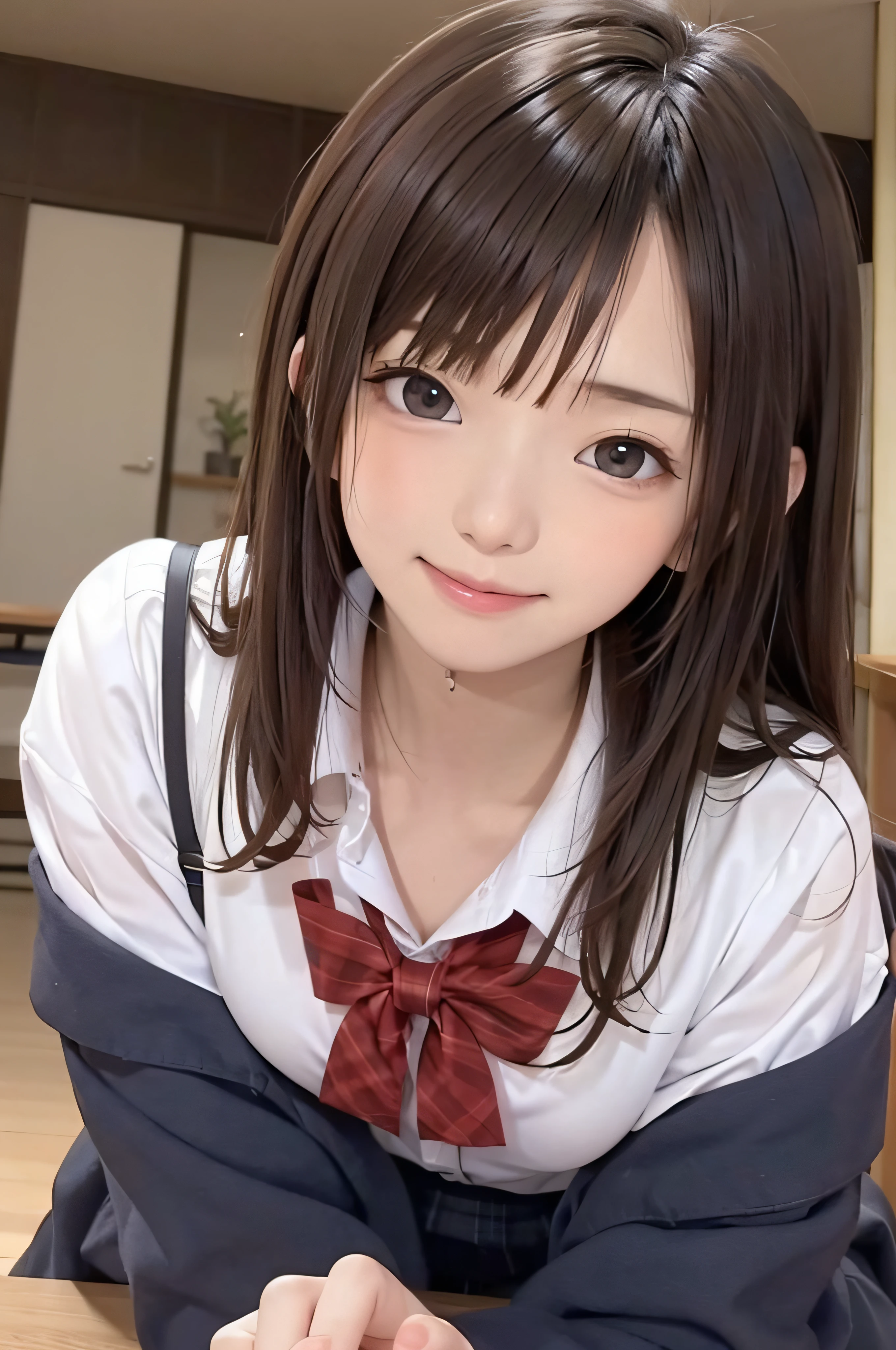 、brown hair、Beautiful moisturized eyes、skin that looks real、high school girl、、(8K、masterpiece)、(realistic、Photoreal)、short cut hair、highest quality、very detailed、Super detailed、Beautiful woman、cute、Japanese、laughter、close-up portrait、Healthy face、school uniform、plaid skirt