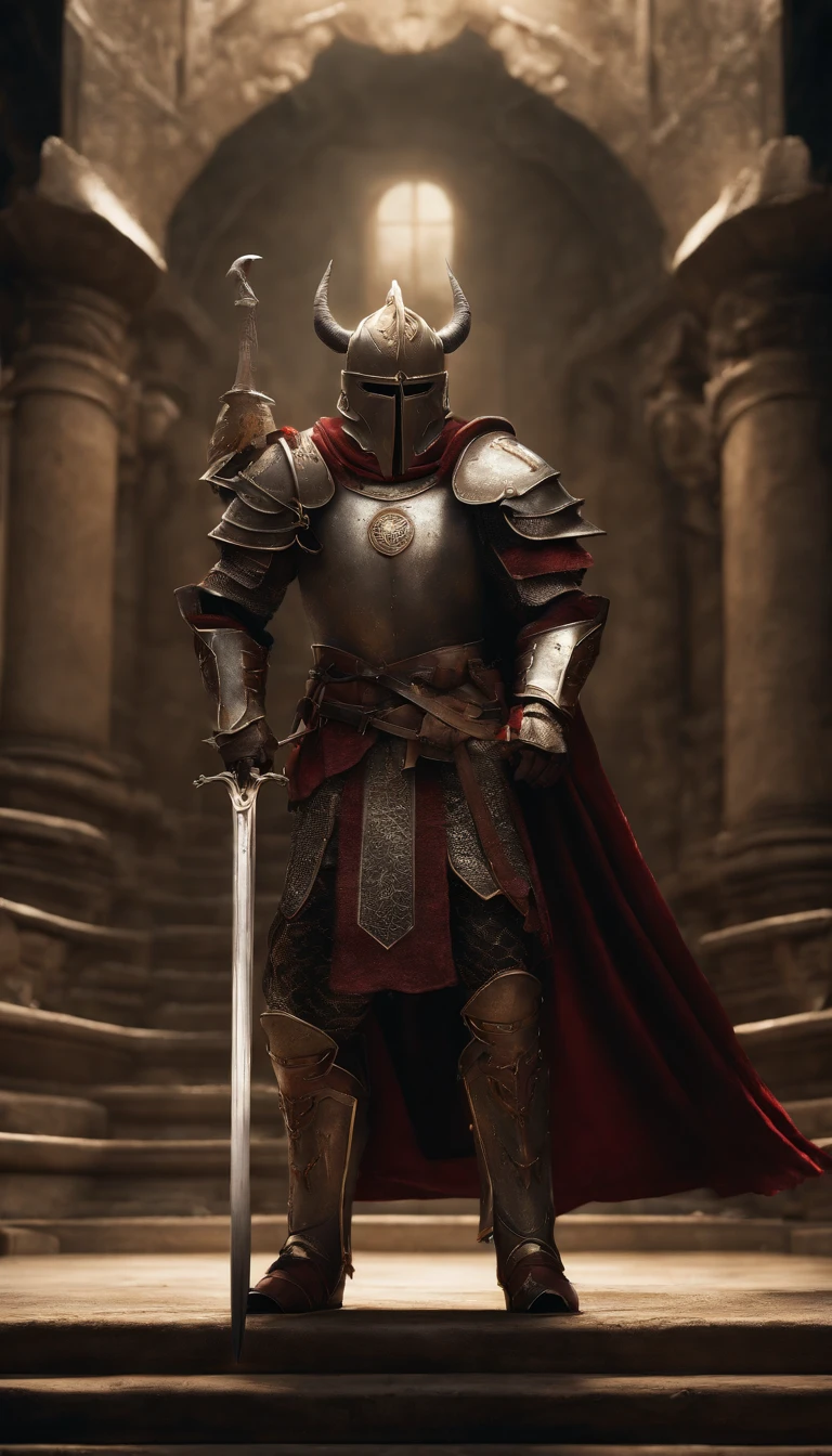 (Best quality,4K,8K,A high resolution,Masterpiece:1.2),Ultra-detailed,(Realistic,Photorealistic,photo-realistic:1.37),A sword-wielding demon armor warrior stood in the hall, Full body portrait of the mysterious knight, Wearing heavy armor，A sacred warrior wielding a legendary sword, Mythical warriors in full-body armor, A golden knight with divine armor, The helmet is decorated with the devil's horns, The eyes glow blood-red, Concept art for glorious figures, Crimson Armor Knight, Epic Paladin armor, Holy medieval knight, Kneel on one knee, Blades embedded in the earth, submission, Full body shot.