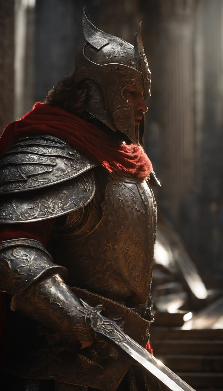 (Best quality,4K,8K,A high resolution,Masterpiece:1.2),Ultra-detailed,(Realistic,Photorealistic,photo-realistic:1.37),A sword-wielding demon armor warrior stood in the hall, Full body portrait of the mysterious knight, Wearing heavy armor,A sacred warrior wielding a legendary sword, Mythical warriors in full-body armor, A golden knight with divine armor, The helmet is decorated with the devil's horns, The eyes glow blood-red, Concept art for glorious figures, Crimson Armor Knight, Epic Paladin armor, Holy medieval knight, Kneel on one knee, Blades embedded in the earth, submission, Full body shot.