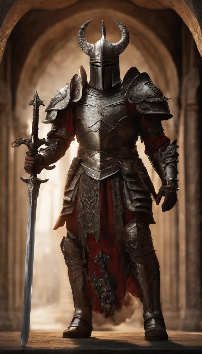 (Best quality,4K,8K,A high resolution,Masterpiece:1.2),Ultra-detailed,(Realistic,Photorealistic,photo-realistic:1.37),A sword-wielding demon armor warrior stood in the hall, Full body portrait of the mysterious knight, Wearing heavy armor,A sacred warrior wielding a legendary sword, Mythical warriors in full-body armor, A golden knight with divine armor, The helmet is decorated with the devil's horns, The eyes glow blood-red, Concept art for glorious figures, Crimson Armor Knight, Epic Paladin armor, Holy medieval knight, Kneel on one knee, Blades embedded in the earth, submission, Full body shot.