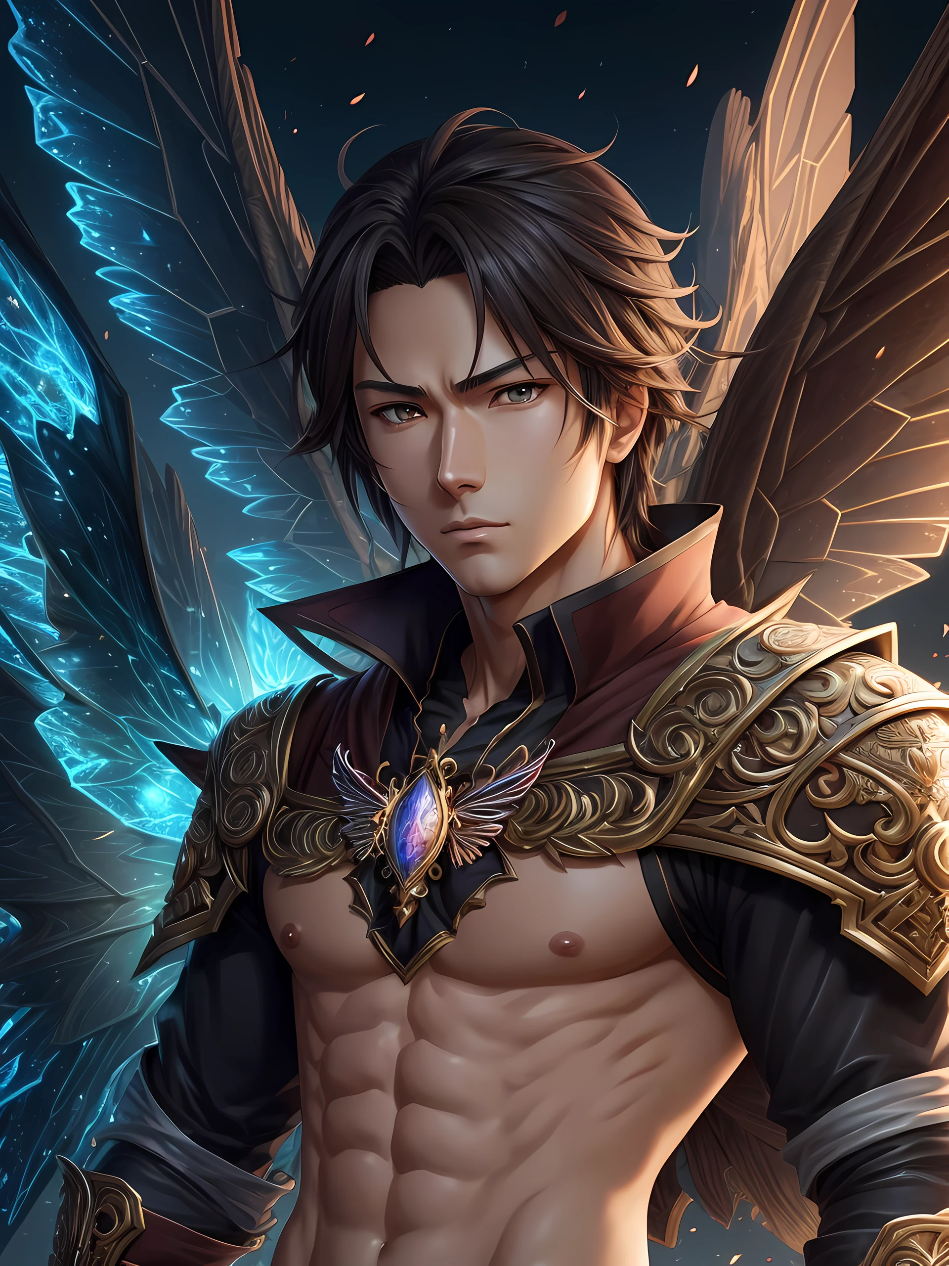 Top Quality, Photorealistic, 8K, High Definition, absurd res, high res, ultra sharp, masterpiece, (masterpiece), best quality, expressive eyes, perfect face, Super eyes, masterpiece, highly detailed exquisite character art, epic fantasy digital art style, detailed digital 2d fantasy art, anime male with wings and butterflies in his body, handsome guy in demon slayer art, detailed digital anime art, detailed anime character art, highly detailed exquisite fanart, clean detailed anime art, 2. 5 d cgi anime fantasy artwork, detailed key anime art, detailed anime artwork, male anime character, fanart best artstation, extremely detailed artgerm, detailed anime art