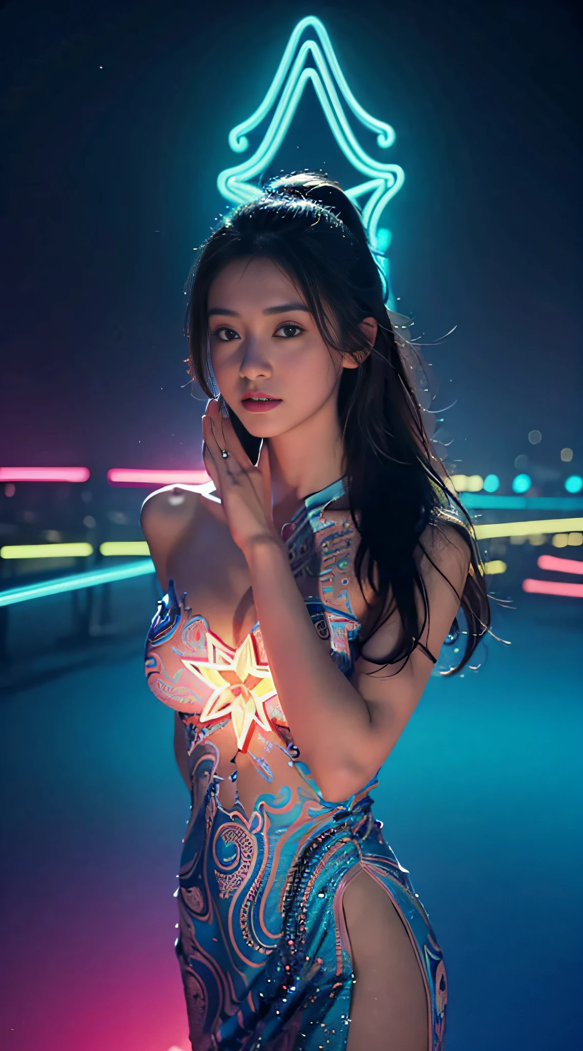 (Masterpiece, Top quality, Best quality, offcial art, Beautiful and aesthetic:1.2), (1girll:1.3), Extremely detailed,(Fractal art:1.2),Colorful,highest details,( Zen neon lights:1.2), (Dynamic pose), (Abstract background neon lights:1.5), (Trident dress:1.2), (Shiny skin), (many color:1.4), Upper body ,neonlight,16k,Full HD is looking at the camera with a straight face,(Wrap the chest),(The entire chest does not leak)