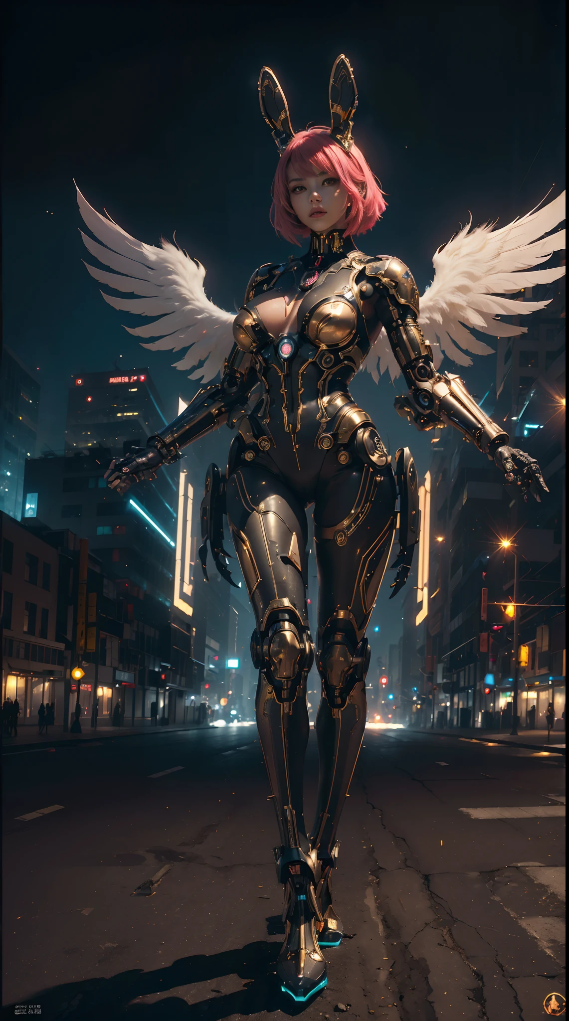 (wide wide shot),(Best quality,Masterpiece:1.2),(Futuristic cyborg woman), (Rabbit ears),bright colored hair,((A pair of huge feathered wings)),Her wings are a marvel of technology, A combination of a sturdy metal frame and a delicate translucent film,((Inside the mechanical body)),(Footwear),Metallic。nigth,(Facing the lens,Central symmetry),standing on your feet,(No man's street),Vibrant colors,Light trails and neon lights in the background,Science fiction art style.The lighting is dramatic, Bright areas contrast strongly with deep shadows, creating a sense of depth and dimension. The overall composition is vibrant and captivating, Centered on cyborg girls, Exude power, Grace, There is also a touch of mystery.