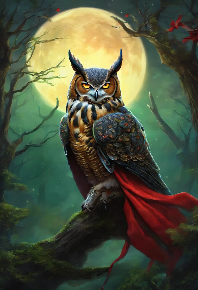 Anthropomorphic great horned owl wearing black leather armor a dark green cloak and a red scarf. Dark forest at night in front of a huge moon