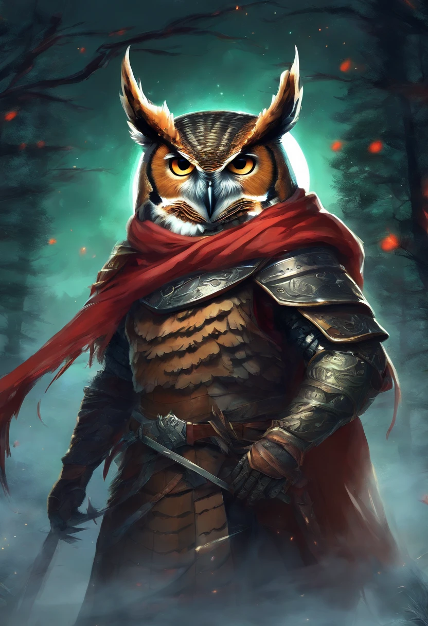 Anthropomorphic great horned owl wearing black leather armor a dark green cloak and a red scarf. Dark forest at night in front of a huge moon