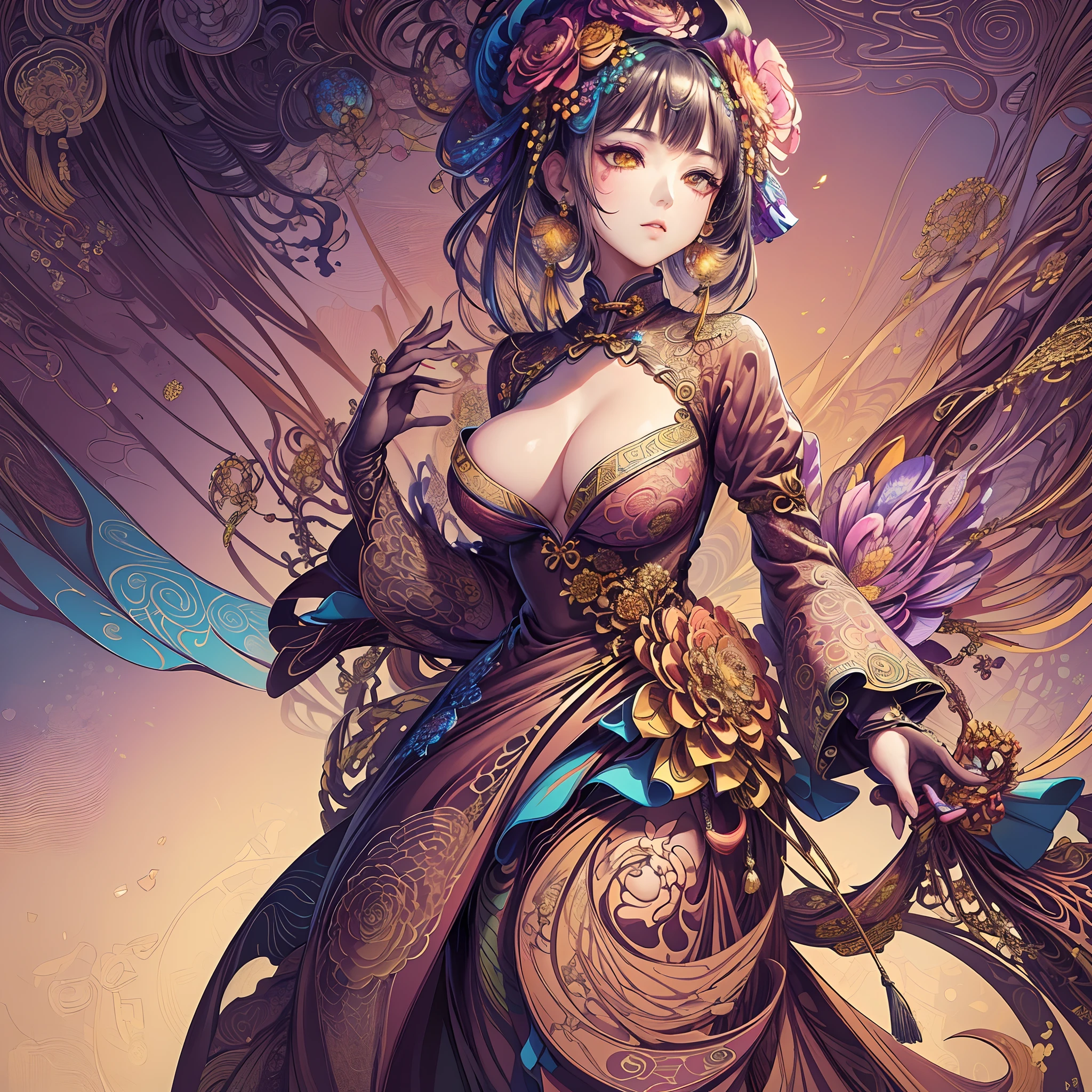 (masterpiece, top quality, best quality, official art, beautiful and aesthetic:1.2), (1girl:1.3), extremely detailed,(fractal art:1.1),(colorful:1.1)(flowers:1.3),highest detailed,(zentangle:1.2), (dynamic pose), (abstract background:1.3), (chinese Traditional cloth:1.2), (shiny skin), (many colors:1.4), ,(earrings:1.4),