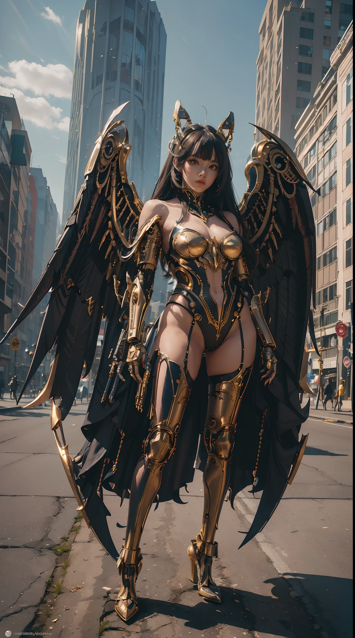 wide wide shot，(Best quality,Masterpiece:1.2),(cyborg people), Rabbit ears，Colored hair，(She has a pair of huge feathered wings behind her shoulders),gold,perfectly proportions,(Her metal mechanical limbs),(Footwear),Slim,Shiny metal。(Facing the lens，Central symmetry)，standing on your feet，(futuristic street)，Vibrant colors,The lighting is dramatic, Bright areas contrast strongly with deep shadows, creating a sense of depth and dimension. The overall composition is vibrant and captivating, Grace, There is also a touch of mystery.