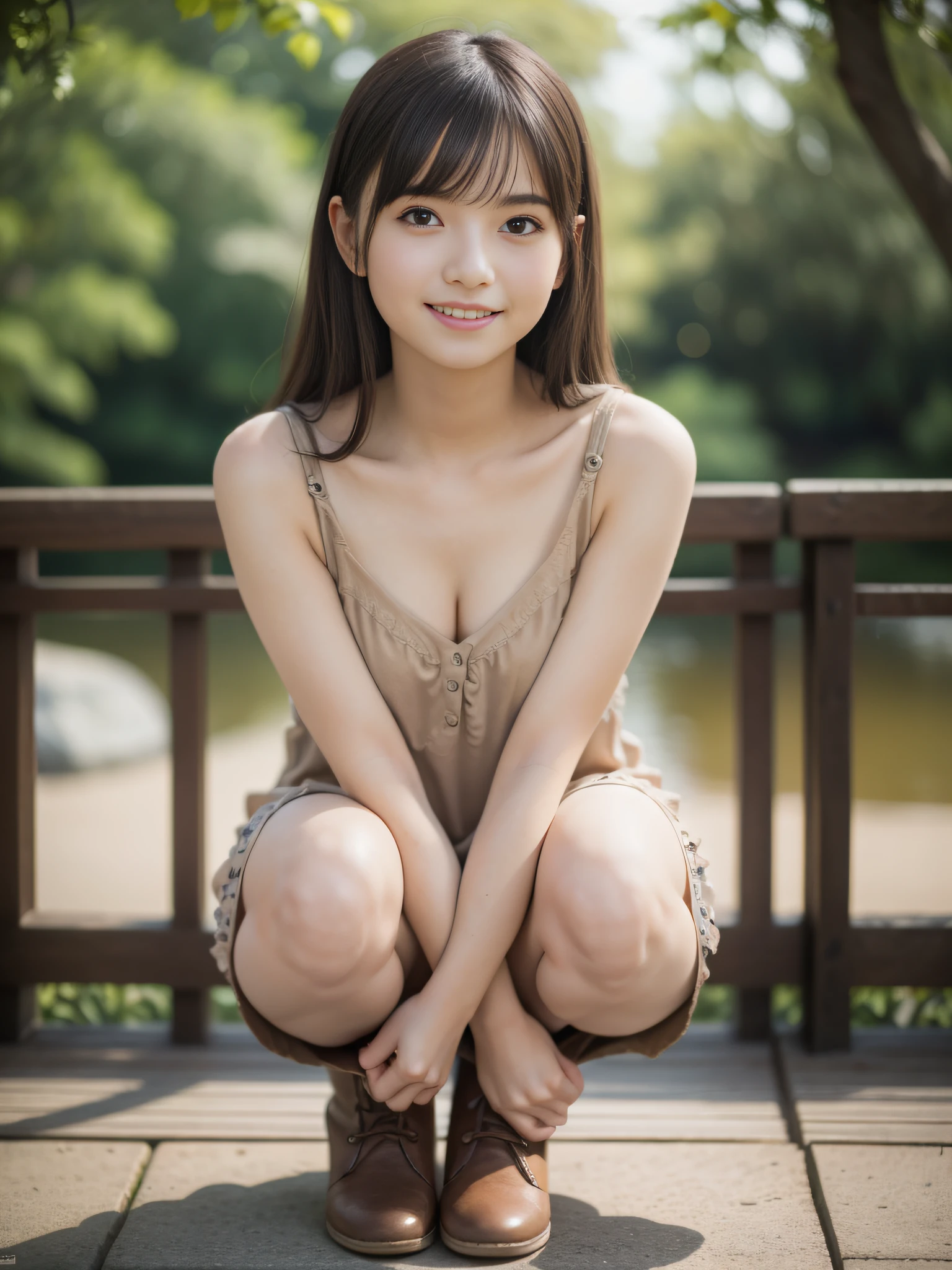 ung girls, Extremely beautiful, (Extremely cute), (extremely detailed beautiful face), Amazing face and eyes, A dark-haired, Brown eyes, drooing eyes、no-makeup、(Camisole dress) , (Best Quality:1.4), (Ultra-detailed), extremely detailed CG unified 8k wallpaper, A hyper-realistic, (Photorealsitic:1.3), Raw photography, professional photograpy, Cinematic lighting, Realistic portrait, (:1.3), ((Bokeh)), depth of fields, Looking here、17 age、(Inokashira Park、Inokashira Pond、das boot)、full body Esbian、little smiling、beauty legs、85mM prime lens f1.2