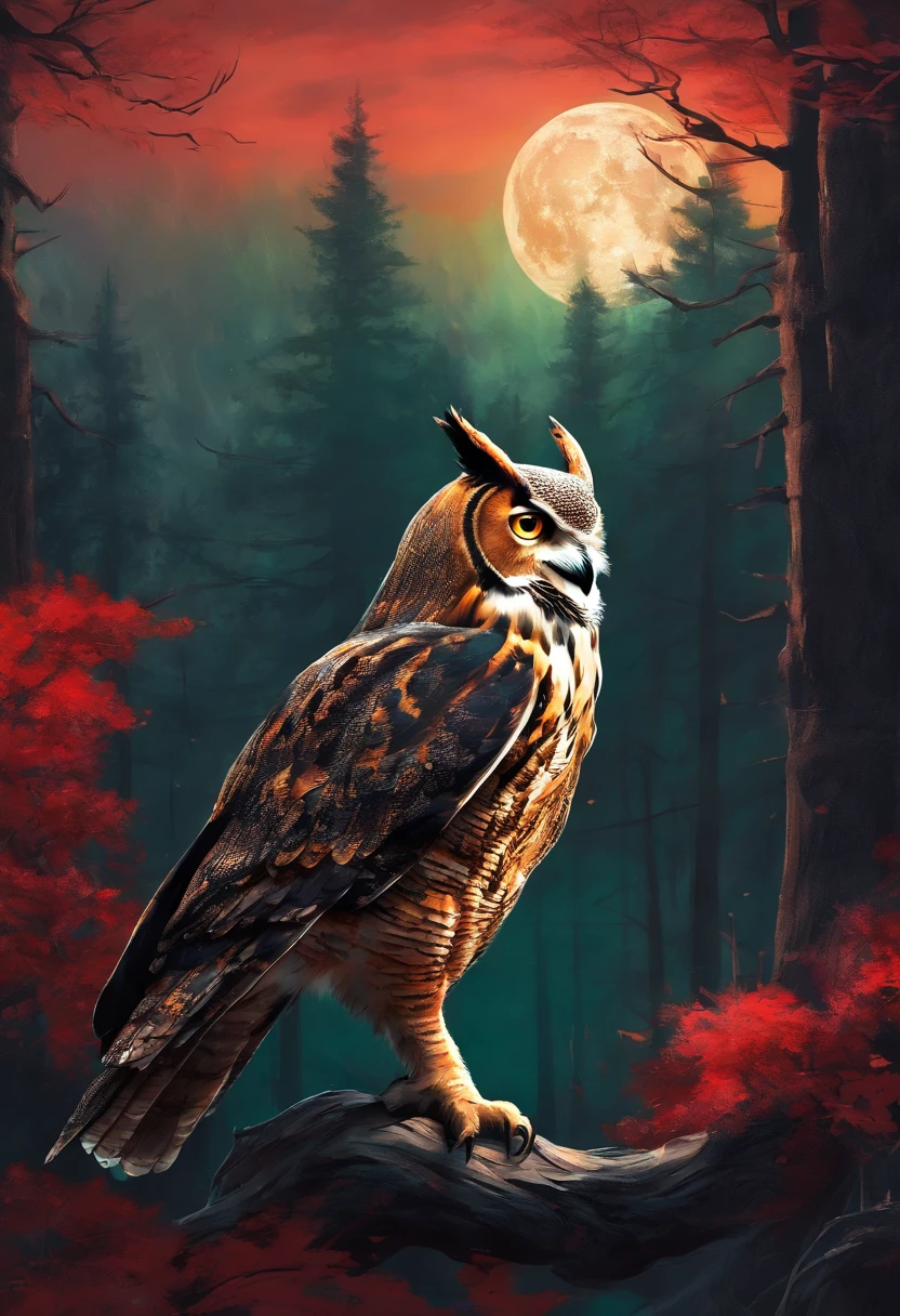 Anthropomorphic great horned owl wearing black leather armor a dark green cloak and a red scarf. Dark forest at night in front of a huge moon